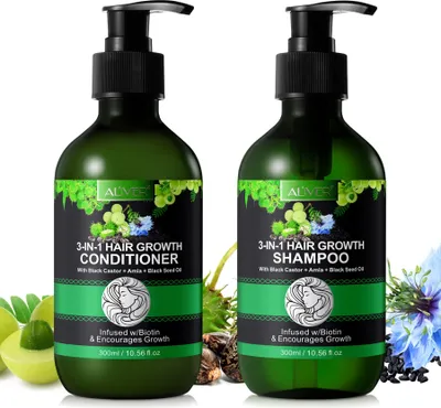 Produktbild von Haarpflege Set 3-in-1 Rizinus Amla Schwarzkümmel Öl mit Biotin: Shampoo+ Conditioner