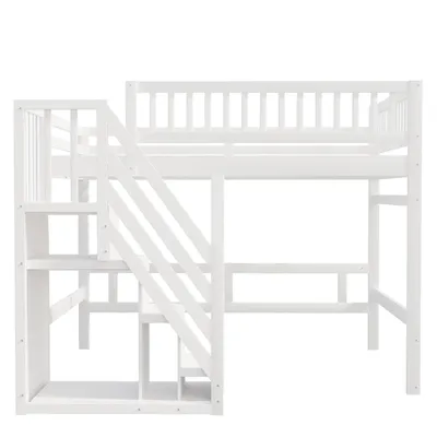 Produktbild von Merax Etagenbett 140x200cm mit Treppe und Stauraum, Hochbett mit Rausfallschutz, Kinderbett mit Lattenrost, Doppelbett Stockbett Holzbett, Weiß