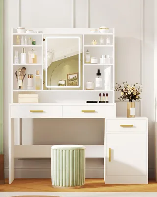 Image de Bureau de coiffeur avec grand plateau - 100 cm de largeur - en bois - avec miroir et tiroirs