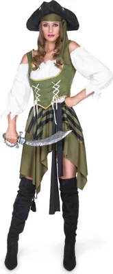 A woman dressed in a pirate costume, holding a sword.