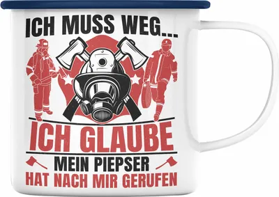 Produktbild von Trendation - Feuerwehr Spruch Geschenk Emaille Tasse Feuerwehrmann Geschenkidee Lustig Männer (Blau)