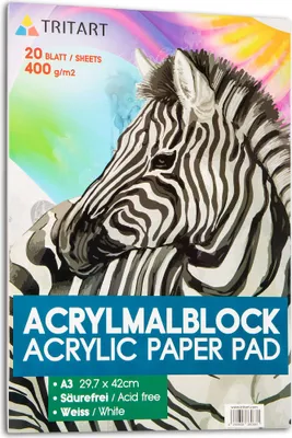 Produktbild von Tritart Acryl-Papier A3 400g/m2 | Malblock für Acrylfarben 20 Blatt weiß | hochwertiges Acryl Zeichenpapier säurefrei | schweres Malpapier für Acrylmalerei und Ölmalerei | kopfseitig geleimt