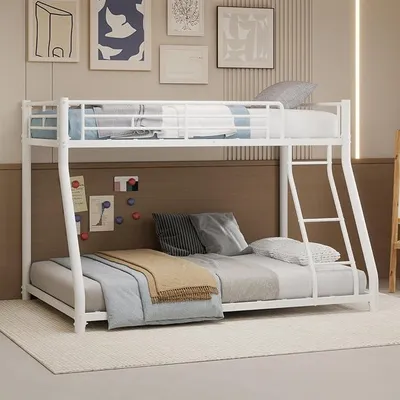Productafbeelding van Hoogslaper 140x200, bedframe 90x200, L-vormig etagobed, jeugdbed, modern metalen bed, tweepersoonsbed, hoogslaper voor kinderen, hoogslaper, kinderbed, stapelbed, bed, bedframe, wit