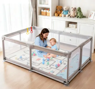 Produktbild von Laufstall Baby, Laufstall 120x180cm, Laufgitter Baby mit Matratze, Playpen mit Atmungsaktivem Netz, 50 Ozeanbällen, Laufgitter 600D Oxford Gewebe,Grau