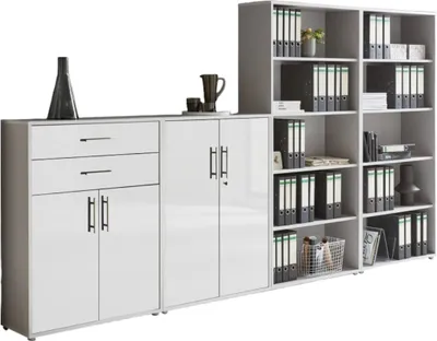 Produktbild von Aktenschrank TABOR 21 in lichtgrau / weiß Hochglanz, Schrankwand, Büroschrank, abschließbar, Metallgriffe