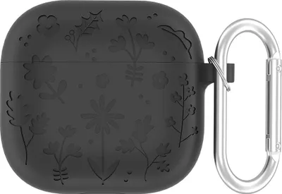 A dark gray silicone case for Apple AirPods 4 with a floral embossed pattern and a silver carabiner clip.