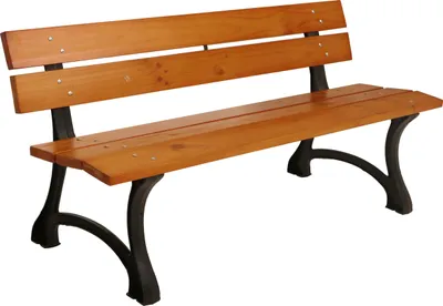 A wooden park bench with black cast iron legs, shown against a white background.