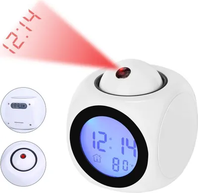 A white cube-shaped projection alarm clock with a blue digital display and a red laser projection.