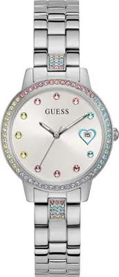 A silver Guess watch with a white face and colorful accents.