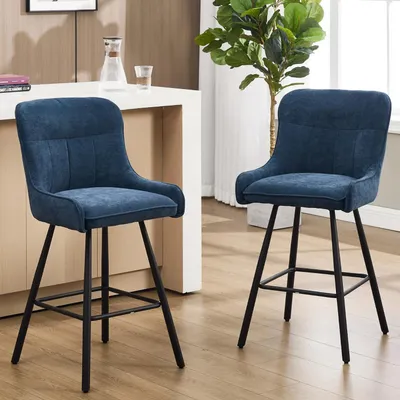 Image de Ensemble de 2 tabourets de bar en velours, avec dossier et repose-pieds, couleur bleu