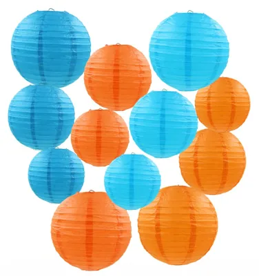 Productafbeelding van Papieren lampionnen - Set van 12 stuks - Decoratie voor binnen- en buitengebruik - Blauw-oranje - Diameter 20 cm