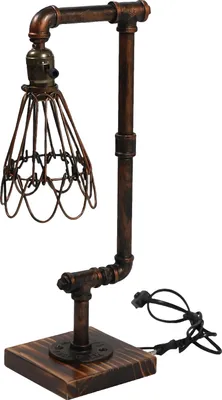 Image de Lampe de table rétro-industrielle, douille E27, design artisanal en bois et fer, blanc chaud, rouille