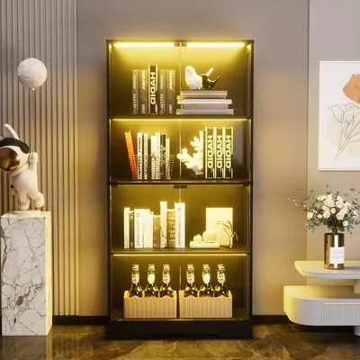 Produktbild von Vitrine mit LED Beleuchtung und Intelligenten Sensoren Glasschrank Vitrinenschrank MultiStorage für Wohnzimmer Schlafzimmer Schwarz