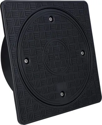 A black square manhole cover with a circular inset and textured surface.