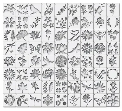 Produktbild von Schablonen Set - 72-teilig - Wiederverwendbare Malschablonen für DIY, Möbel, Holz, Scrapbooking und Textilgestaltung - 7,6x7,6 cm - Mit Blumen, Blättern und Tiermotiven