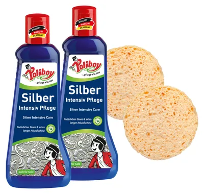 Produktbild von Poliboy Silber Intensiv Pflege - 2x200ml - Sanftes Poliermittel für Silberschmuck - Mit 2x Schwamm - 99A5301