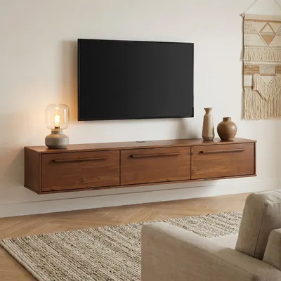 Produktbild von Lowboard TECCA 180 cm hängend aus Massivholz, Kastanie Finish – moderne Hängekonsole mit 3 Klappen, Mid Century Style, stilvolle Wandkommode zur Wandmontage mit Stauraum