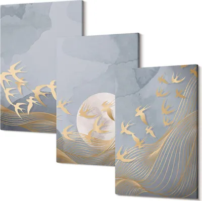 Produktbild von Leinwandbilder – Wandbilder – Leinwandbild – Canvas Bild – Polycanvas – Kunstdruck –  – Modern – Aufhängefertig – Mehrteilig – 3-Teilig – 20x30 Cm Pro Bild - Vögel im Flug gegen den Himmel und den Mond