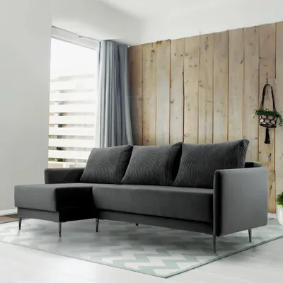 Produktbild von Ecksofa PEDRO, Wohnzimmer, Schlafsofa Sofa 3-Sitzer Sofa freistehendes Polstersofa Bettkasten 230 cm linke Ottomane Schwarz Kronos 07, Poso 135
