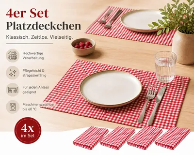Produktbild von Tischset 33 x 45 cm 4 Stück Platzset Landhaus Baumwolle 33 x 45 cm 4 Stück - 10 mm - rot-weiß kariert