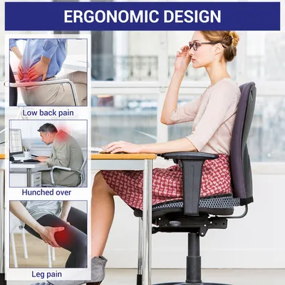 A woman sitting at a desk in an office chair, with inset images showing common posture problems and resulting pain.
