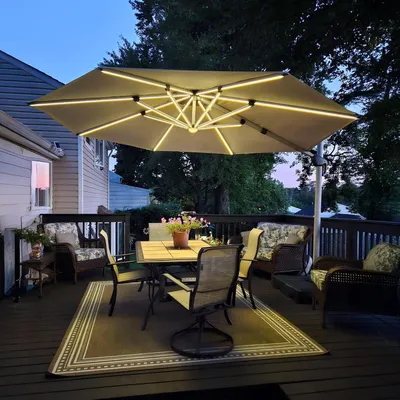 Produktbild von PURPLE LEAF Ampelschirm Sonnenschirm mit LED Solar Beleuchtung 330cm Marktschirm Groß 360° Rotation, Balkonschirm mit Kurbel Sonnenschutz UV50+, Beige