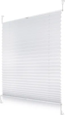 A white pleated blind is shown against a white background, attached to a window frame by clips.
