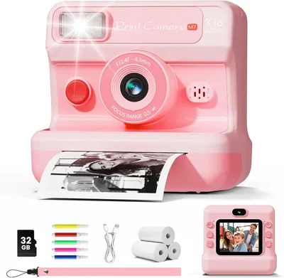 Produktbild von Kinderkamera Sofortbildkamera, 1080P HD Sofortbildkamera Kinder mit 32 GB Karte und 3 Papierrollen, Kinderspielzeug mit Zwei Objektiven