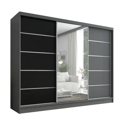 Produktbild von Schwebetürenschrank, 3-türig Schrank 200 cm mit Spiegel ARIVA 1 (Graphit, Graphit, Schwarz)