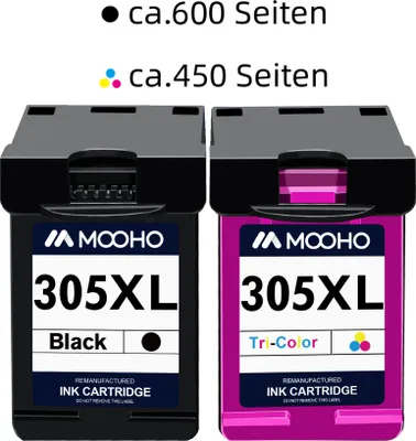 Two ink cartridges are shown side-by-side against a white background. Text above the cartridges indicates page yields.