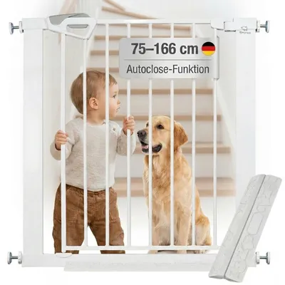 Produktbild von BRONEA® BALU 145-152 cm Türschutzgitter ohne Bohren - Verlängerbar bis 165 cm | Auto-Close & Safety-Lock Rot/Grün & Anti-Stolper-Rampe | Babygitter Türgitter Treppenschutzgitter zum Klemmen, KI-generiertes Bild