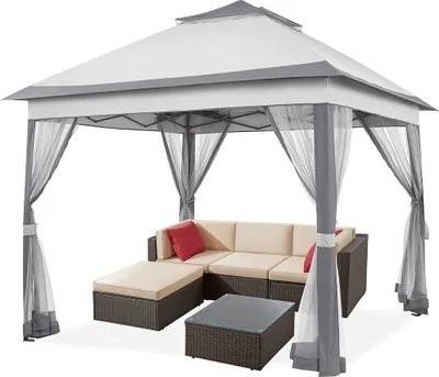 Produktbild von Yaheetech Gartenpavillon 3,3 x 3,3 m Pop Up Gartenlaube Doppeldach Stabil Wasserdicht höhenverstellbar Pavillon mit 4 Netzwänden, Hinterhof-Pavillon