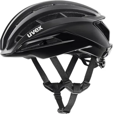 A black bicycle helmet shown from a slightly elevated front-diagonal angle against a white background.