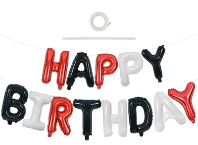 Produktbild von Buchstabenballons "Happy Birthday" Banner 40,6 cm Rot Schwarz Weiß 15 Stück