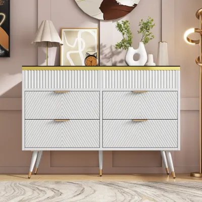 Produktbild von okwish Kommode Sideboard aus Bernstein Glas mit viel Stauraum, Schrank mit 6 Schubladen, Schubladenschrank Anrichte für Wohnzimmer, 120 x 40 x 76 cm, Weiß