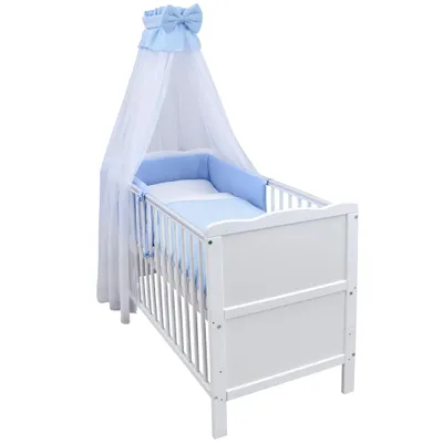 Produktbild von Baby-Delux Babybett Kinderbett Jack Umbaubar 140x70 Weiß Beißschienen Bettset Komplett mit Motiv Musselin Waffelpique Blau