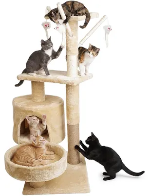Produktbild von Kratzbaum für Katzen 88 cm mit 5 Ebenen, Spielzeug und gemütlichem Häuschen in Beige