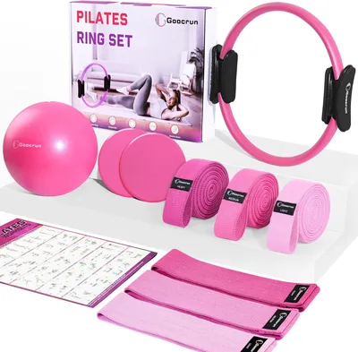 Imagen del producto de Kit de Pilates que incluye un aro de resistencia, bandas elásticas y una pelota de Pilates de 35 cm, ideal para entrenar en casa