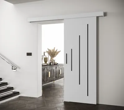 Produktbild von MEBLE KRYSPOL Schiebetür Salwador Y, Weiß-Schwarz, 90x204 cm, aus laminierter Möbelplatte mit PVC-Furnier, geräuscharmes Schiebesystem, einseitig universell montierbar, inkl. Schienenabdeckung und glänzenden Zierstreifen (Selbstmontage). Optional: Automatische Schließvorrichtung.