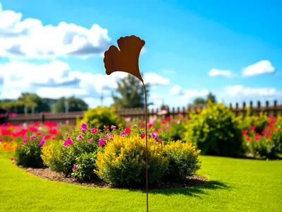 Produktbild von Gartenstecker Ginkgo, Edelrost Metall Beetstecker, 110 cm, Gartendekoration rostige Deko für den Garten