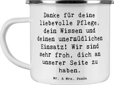 Produktbild von Mr. & Mrs. Panda Teetasse Spruch Dankbare Pflegekraft - Weiß - Geschenk, becher emaille, Emailletasse, Dankeschön, Dankbarkeit, liebevolle Pflege, Alltagshelden, Tasse