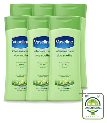 Immagine prodotto di 6 flaconi di crema corpo all'aloe vera Vaseline, 200 ml ciascuno, confezione grande, 6 pezzi