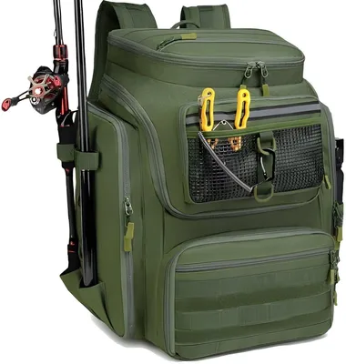 Produktbild von PolkaHome® Angelrucksack mit Rutenhaltern, 45 Liter, wasserabweisend, für Angeln, Wandern, Camping, Trekking - Grün