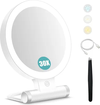 Produktbild von Schminkspiegel mit Beleuchtung,Doppelseitiger1X/30X Vergrößerungsspiegel mit Licht, 2000mAh 3 Farben Beleuchtungsmodi, Einstellbare Helligkeit, Faltbarer Kompakter Makeup Spiegel Reisegröße