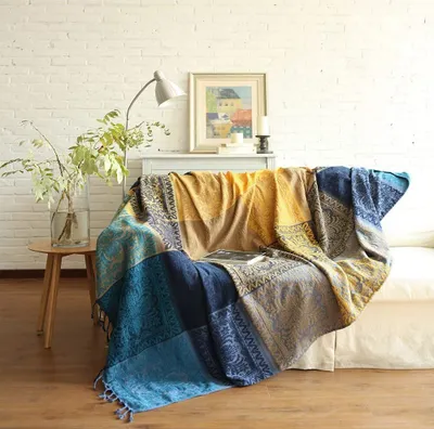 Produktbild von Chenille-Überwurfdecke, Vintage-Jacquard-Quasten, doppelseitig, Patchwork-Decke, warm, dekorativ für Zuhause, Büro, Reisen, Blue (Blue, 86.6 * 98.4in)