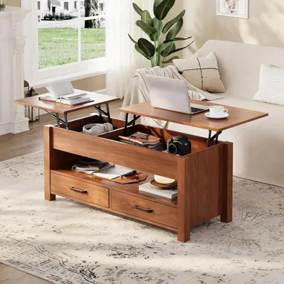 Produktbild von Couchtisch mit Lift-Top - Wohnzimmertisch mit Stauraum - Hochklappbare Holzplatte - 2 Schubladen und verstecktes Fach - Für Wohnzimmer und Homeoffice - Braun