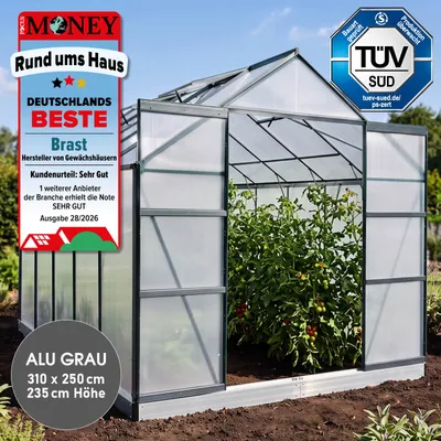 Produktbild von BRAST Gewächshaus Aluminium mit Fundament | 310x250x235cm | 6mm Hohlkammerplatten | rostfrei wetterfest temperaturbeständig | Grau