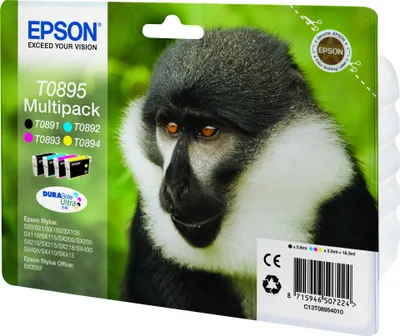 Zdjęcie produktu dla Epson Monkey Atrament T0895 Małpa DURABrite Ultra, opakowanie zbiorcze Multipack, cztery kolory, Czarny, Cyjan, Purpurowy, Żółty, 5,8 ml, 3,5 ml, 1 szt., Multipak