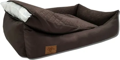 A brown dog bed with a white pillow inside, shown on a white background.