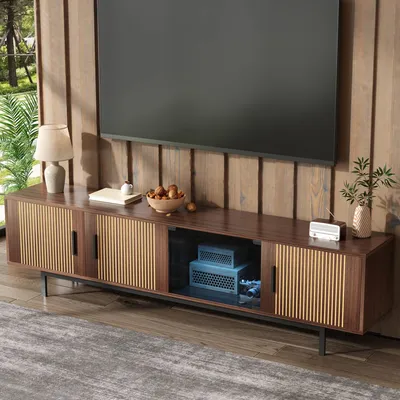 Image de OKWISH Meuble TV Sculpté avec Éclairage LED 16 Couleurs et Rangement Intégré, Portes en Verre Trempé, Panneau de Particules, Brun, 200x35x53 cm